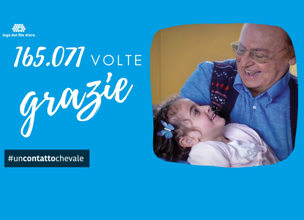 Immagine per news ringraziamento firme 5x1000 anno 2020, nell'imagine Renzo arbore con in braccio una bimba utente della lega del Filo d'Oro