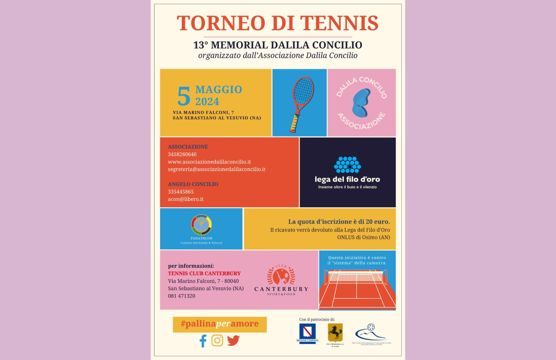 Locandina colorata del 13° Torneo di Tennis “Memorial Dalila Concilio” del 5 maggio 2024 a San Sebastiano al Vesuvio; include loghi, info contatti e beneficenza a favore della Lega del Filo d’Oro. 