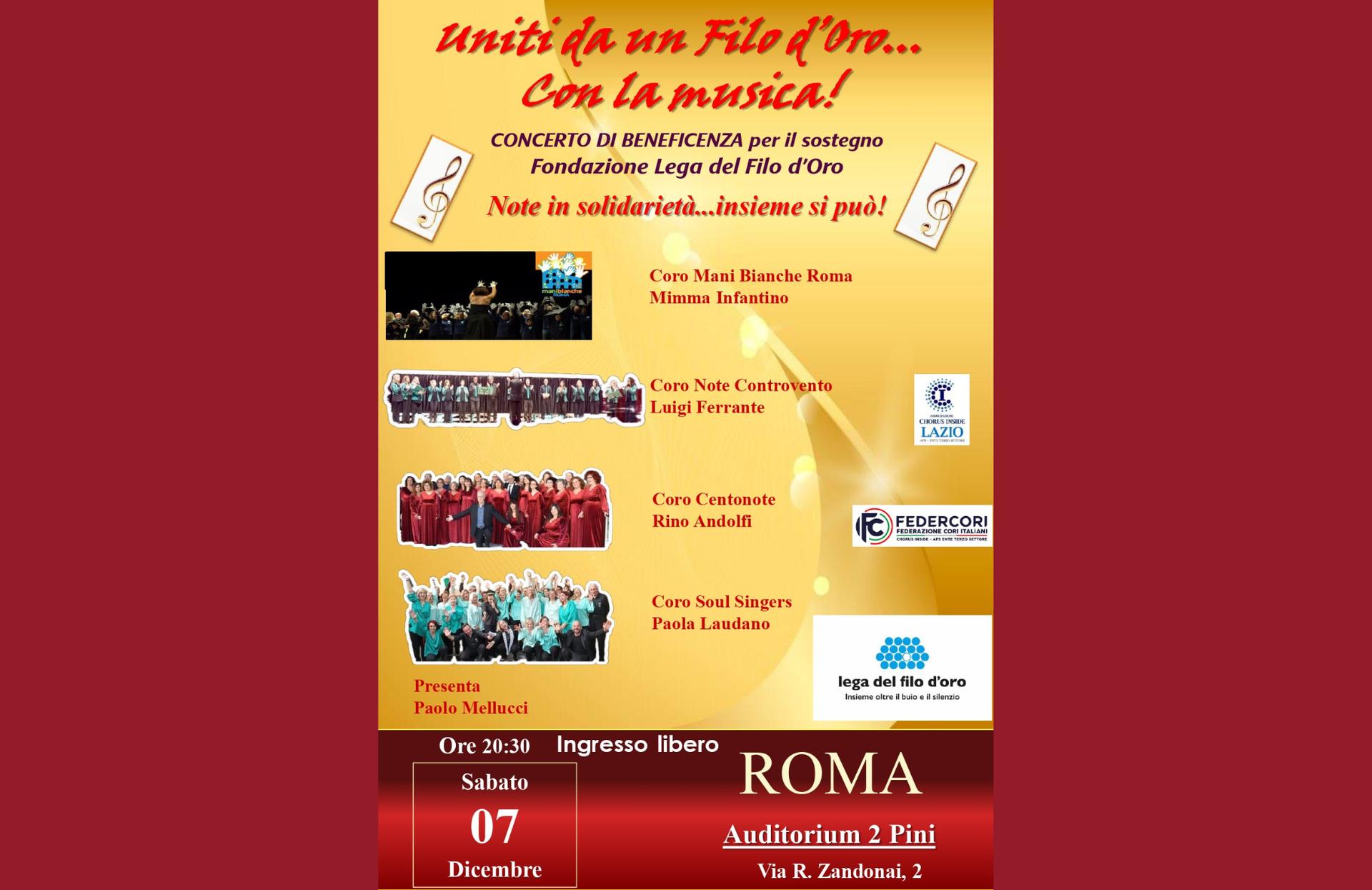 Manifesto grafico di un concerto di beneficenza a favore della Fondazione Lega del Filo d’Oro, con il titolo in alto scritto in rosso: "Uniti da un Filo d’Oro… Con la musica!". Lo sfondo è giallo-arancio con dettagli musicali (note e pentagramma). Vengono elencati i cori partecipanti con foto in miniatura 