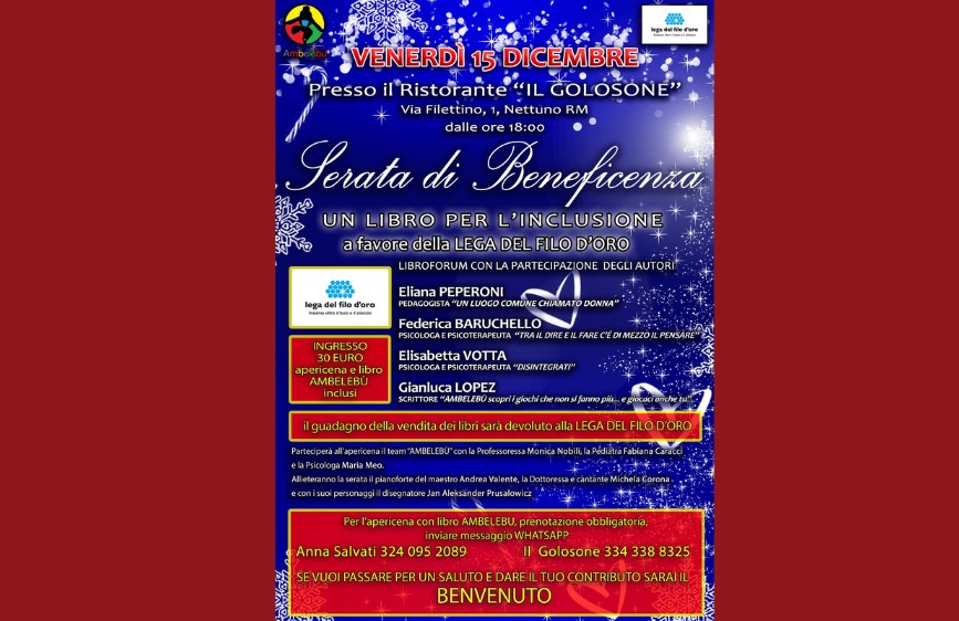 Locandina blu natalizia della serata di beneficenza 'Un libro per l’inclusione', il 15 dicembre a Nettuno. Iniziativa a favore della Lega del Filo d’Oro con presentazione di libri.