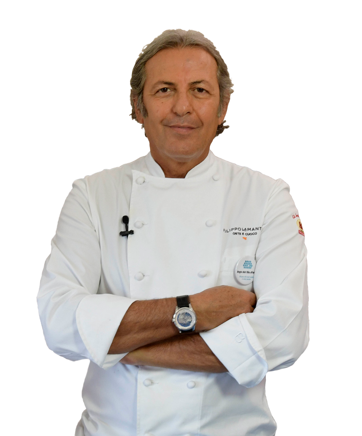 Lo Chef Lamantia ha sostenuto la campagna unastoriadimani della Lega del Filo d'Oro e ci ha tenuto a racontare la sua esperienza. Nella foto guarda fisso in camera a braccia incrociate.