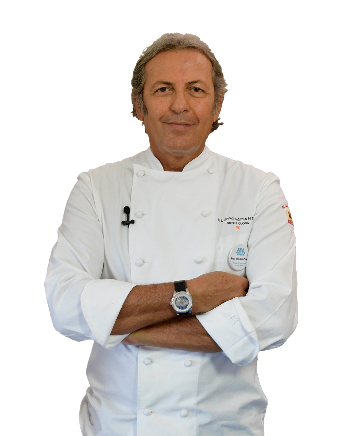 Lo Chef Lamantia ha sostenuto la campagna unastoriadimani della Lega del Filo d'Oro e ci ha tenuto a racontare la sua esperienza. Nella foto guarda fisso in camera a braccia incrociate.