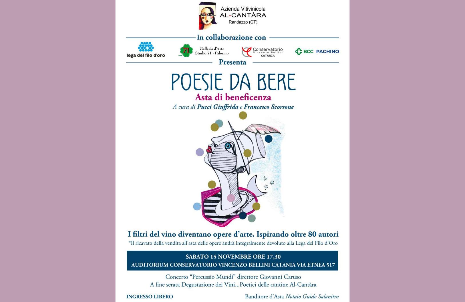 Locandina dell’evento “Poesie da Bere – Asta di beneficenza”. Al centro, un’illustrazione artistica colorata raffigurante un volto con un cappello stilizzato, con luna e stelle e motivi astratti colorati. 