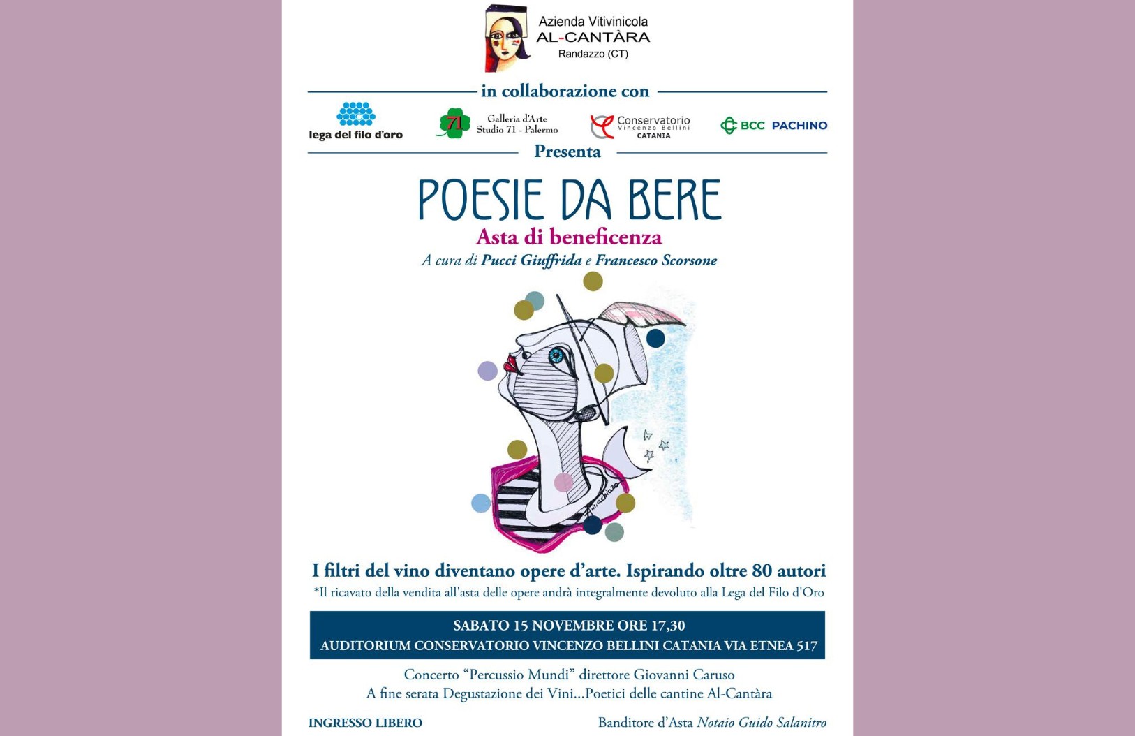 Locandina dell’evento “Poesie da Bere – Asta di beneficenza”. Al centro, un’illustrazione artistica colorata raffigurante un volto con un cappello stilizzato, con luna e stelle e motivi astratti colorati. 