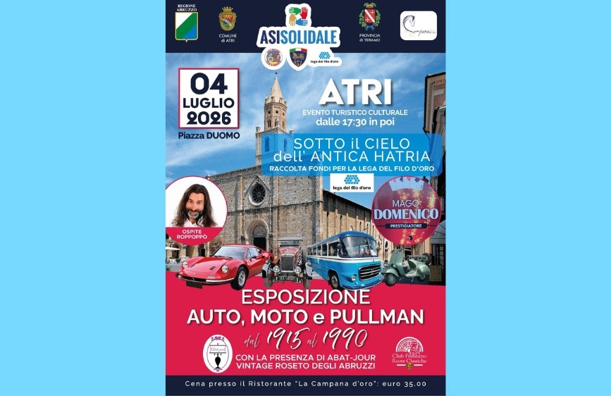 Locandina che presenta in primo piano auto e moto storiche e sullo sfondo il Duomo di Atri