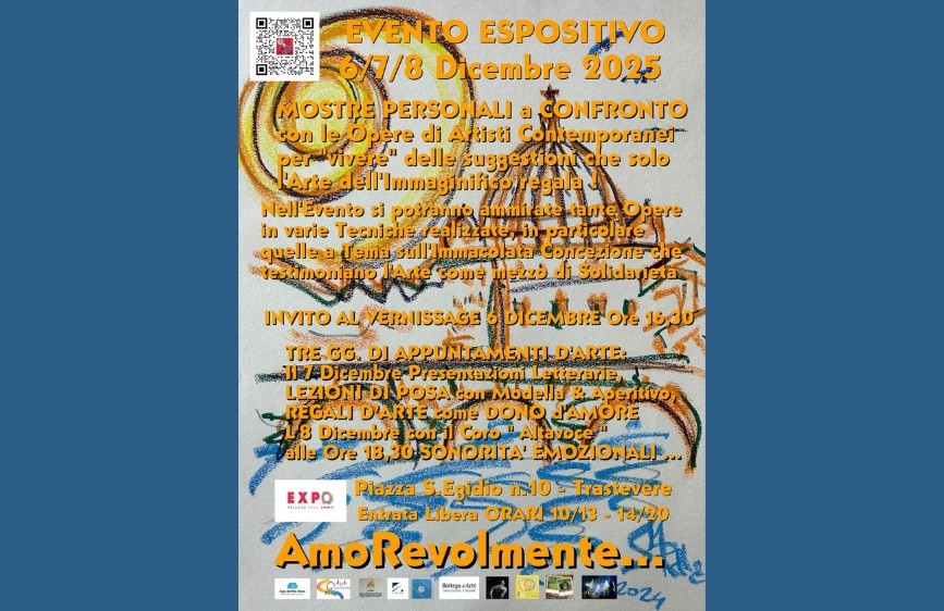 Locandina evento con scorcio di Roma disegnato sullo sfondo