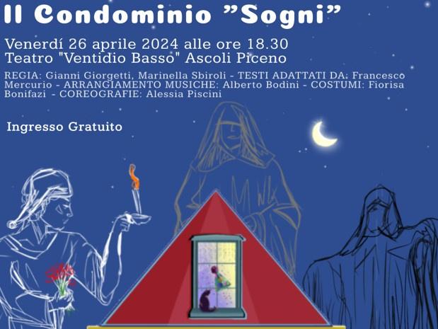 Locandina dello spettacolo "Il Condominio Sogni" promosso dalla Lega del Filo d'Oro, al Teatro "La nuova Fenice" di Osimo.