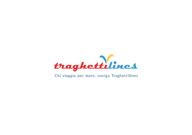 Logo traghetti lines - Chi viaggia per mare, naviga Traghettilines (scritta rossa, giallo e ciano su sfondo bianco)