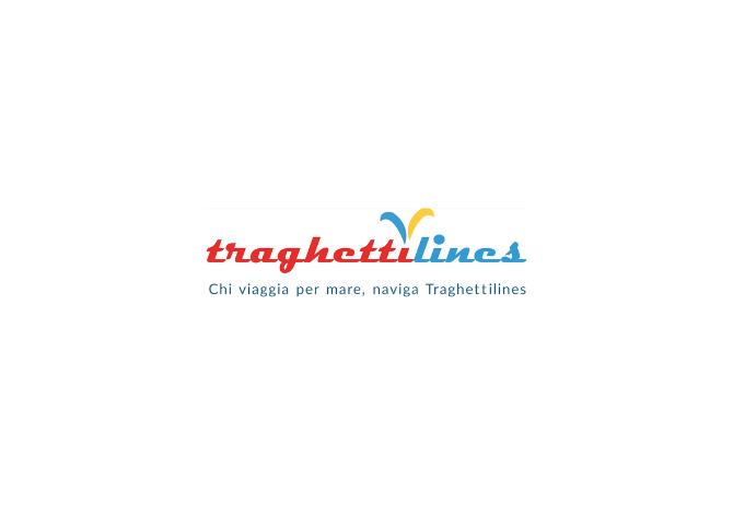 Logo traghetti lines - Chi viaggia per mare, naviga Traghettilines (scritta rossa, giallo e ciano su sfondo bianco)