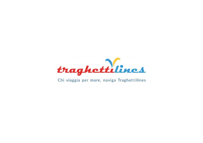 Logo traghetti lines - Chi viaggia per mare, naviga Traghettilines (scritta rossa, giallo e ciano su sfondo bianco)