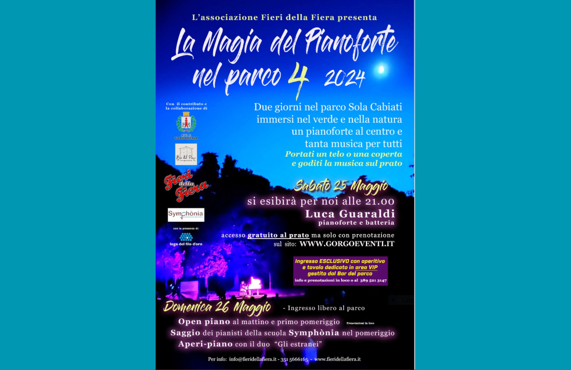 Locandina blu-viola dell’evento “La Magia del Pianoforte nel Parco 4” il 25-26 maggio 2024 al parco Sola Cabiati; include foto notturna di un pianoforte su prato illuminato e dettagli su concerti e attività. 