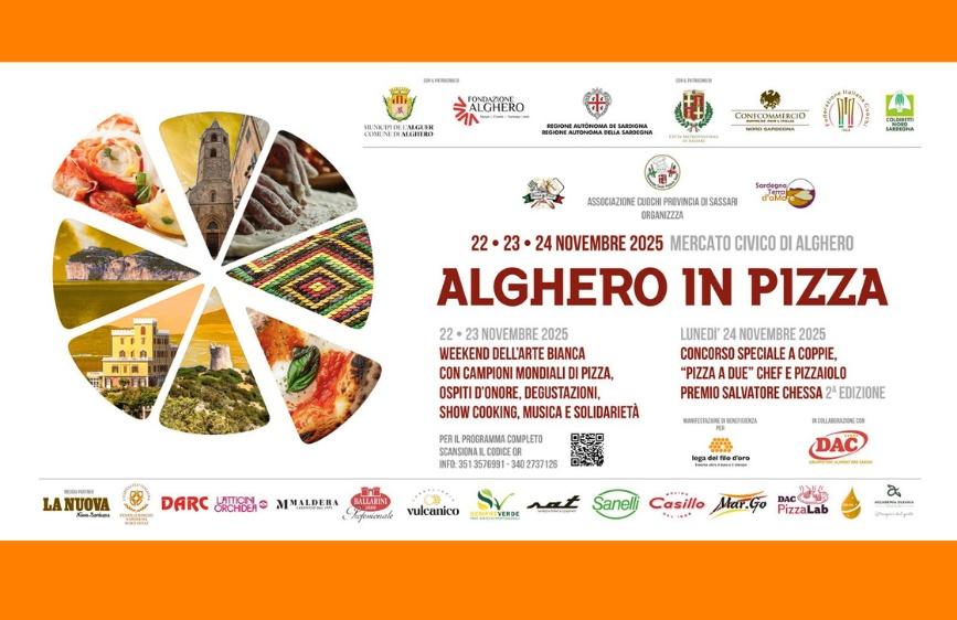 Locandina con una pizza i cui spicchi sono foto di scorsi e manufatti tipici di Alghero