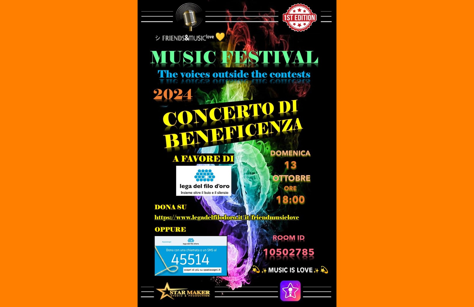 Locandina colorata del “Music Festival – Concerto di Beneficenza” del 13 ottobre 2024, con grafica astratta e dettagli per donare alla Lega del Filo d’Oro; evento trasmesso sulla piattaforma StarMaker. 