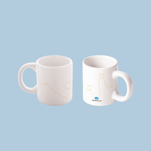 Due tazzine da caffè in ceramica bianca con manico, decorate con il logo della Lega del Filo d'Oro e una grafica di un filo dorato che disegna dei cuori tutto intorno.