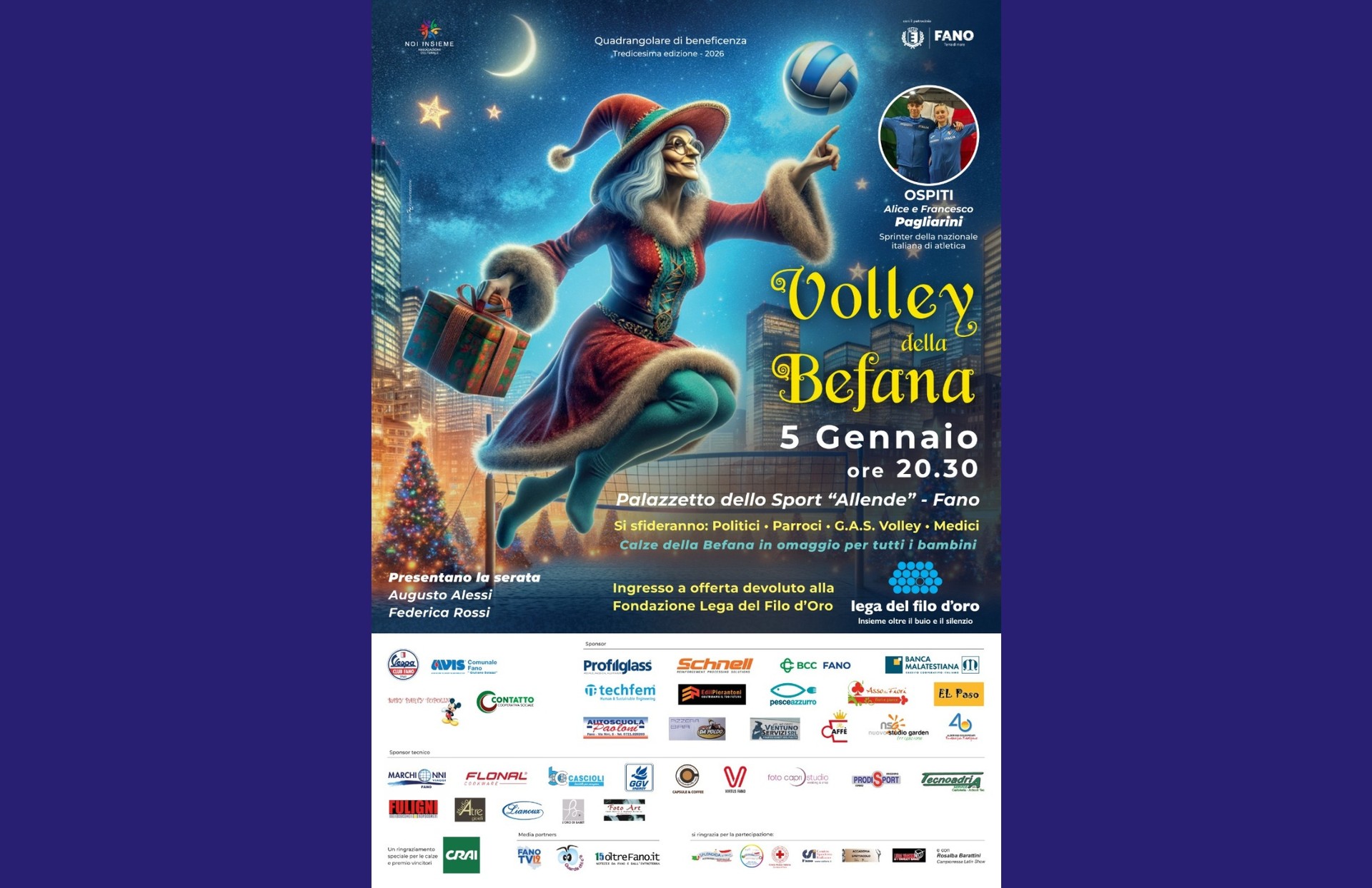 Immagine di una Befana vestita con un cappotto rosso nel cielo stellato