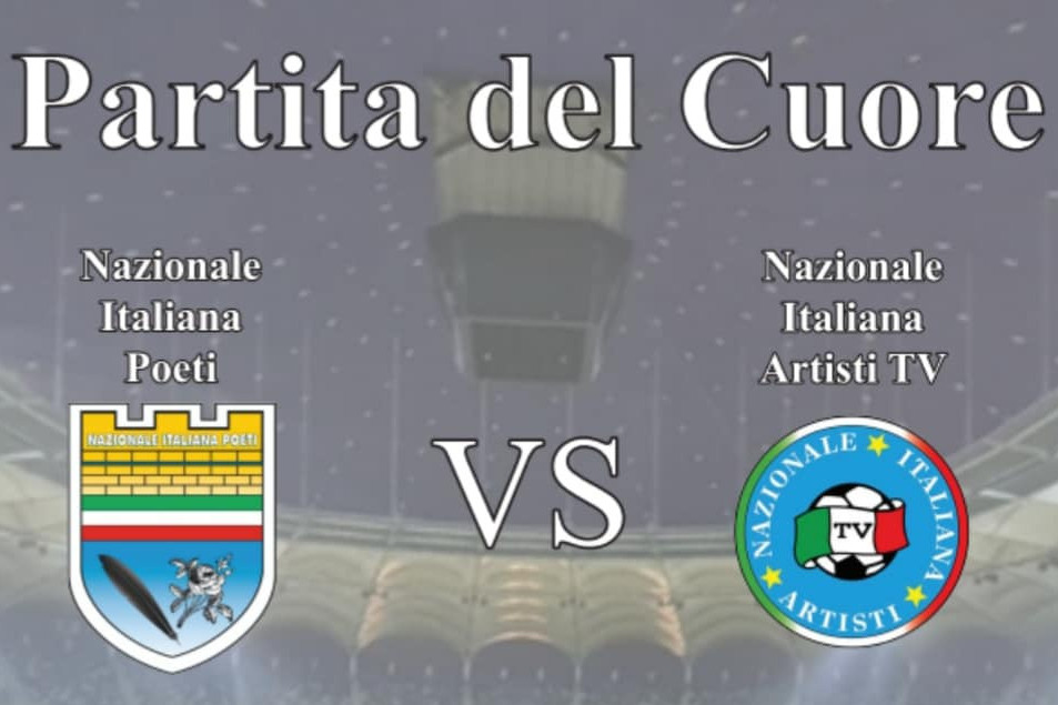 Locandina della partita del cuore tra la Nazionale Italiana Poeti e la Nazionale Italiana Artisti TV in programma il 24 aprile 2022 e a favore della lega del filo d'oro.