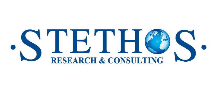 Logo Stethos su sfondo bianco con scritte blu