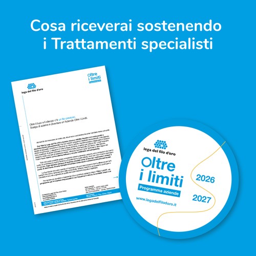 L'immagine mostra i materiali che riceve come riconoscimento l'azienda che sceglie di sostenere i Trattamenti Specialistici della Lega del Filo d'Oro - lettera di ringraziamento, vetrofania adesiva... 14