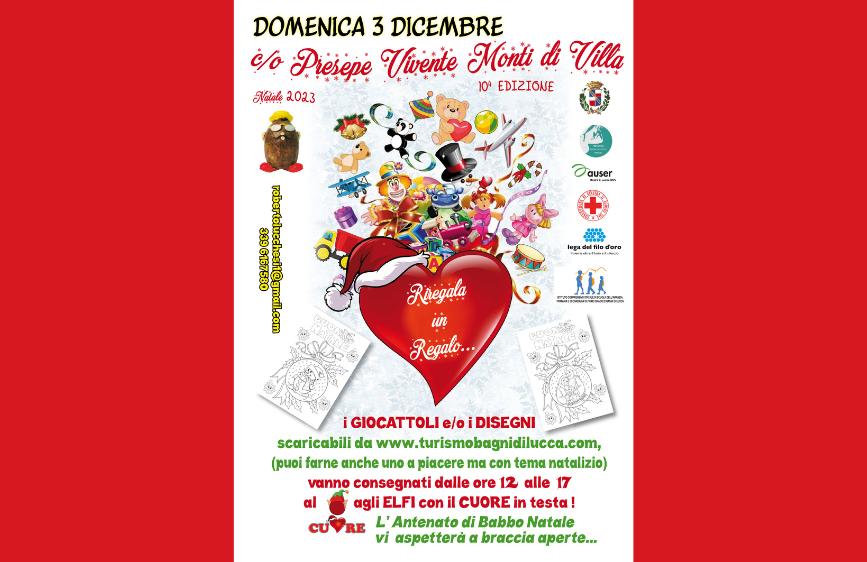 Locandina dell’evento ‘Regala un Regalo’ del 3 dicembre 2023 al Presepe Vivente Monti di Villa. Immagini natalizie, elfi, cuore rosso con cappello di Babbo Natale.