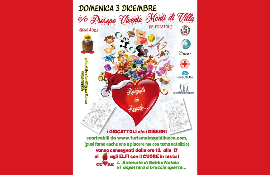 Locandina dell’evento ‘Regala un Regalo’ del 3 dicembre 2023 al Presepe Vivente Monti di Villa. Immagini natalizie, elfi, cuore rosso con cappello di Babbo Natale.