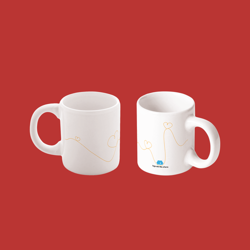 2 tazzine da caffè in ceramica bianca decorate da una grafica a cuori dorati e con logo della Lega del Filo d'Oro