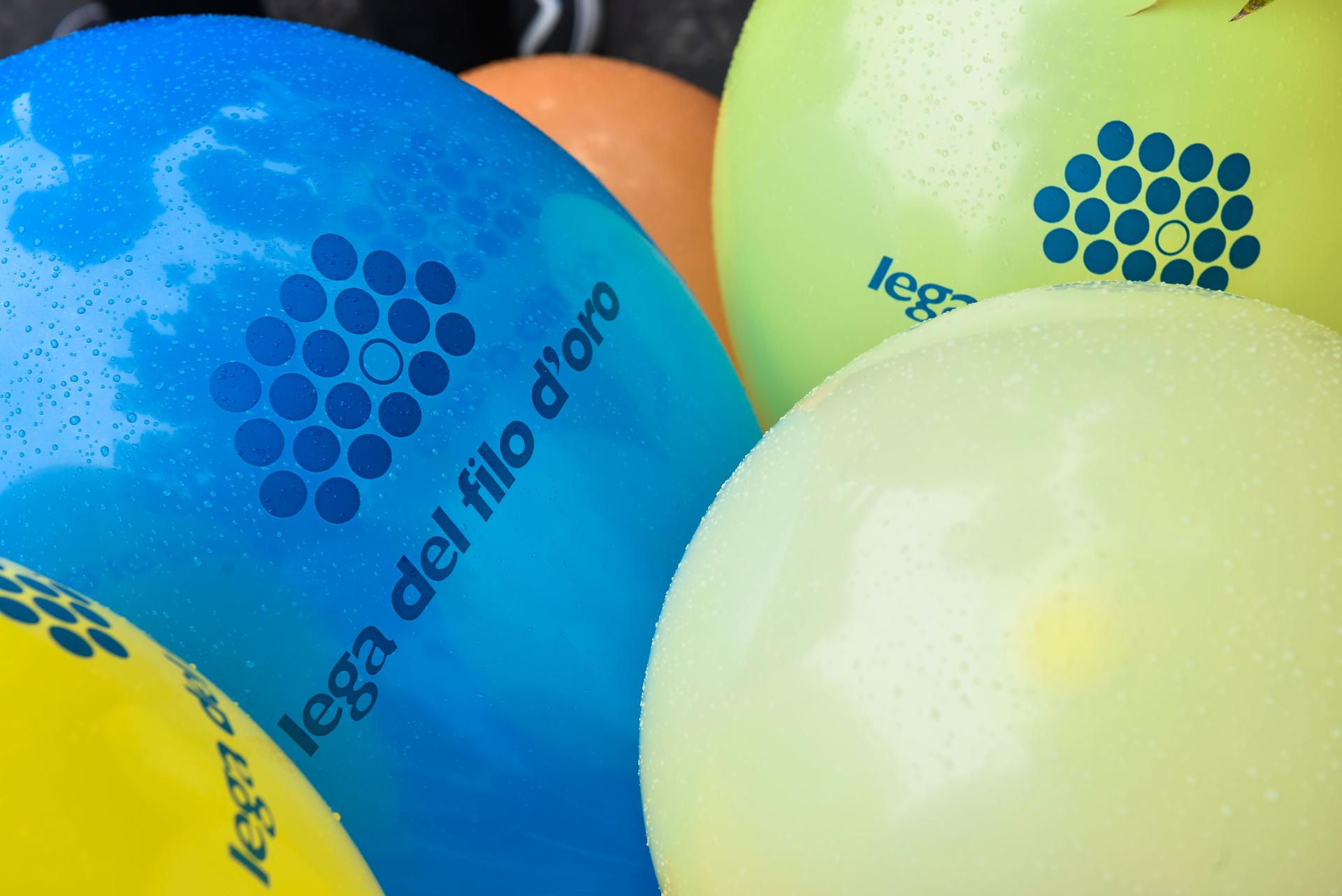 Foto da un evento Lega del Filo d'Oro - Decorazione dello stand: tanti palloncini colorati con il logo della Fondazione