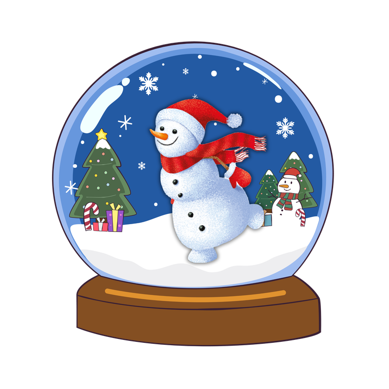 Disegno di una sfera di vetro contenente un paesaggio innevato con abeti e decori natalizi, al centro del quale spicca un pupazzo di neve sorridente tra la neve che cade