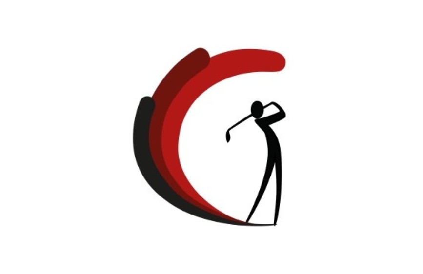 L'immagine mostra un logo stilizzato su sfondo bianco, dove una figura nera di un giocatore di golf in procinto di colpire la palla è integrata nella forma di una grande "G" rossa e nera. Il design è astratto e dinamico, suggerendo movimento.