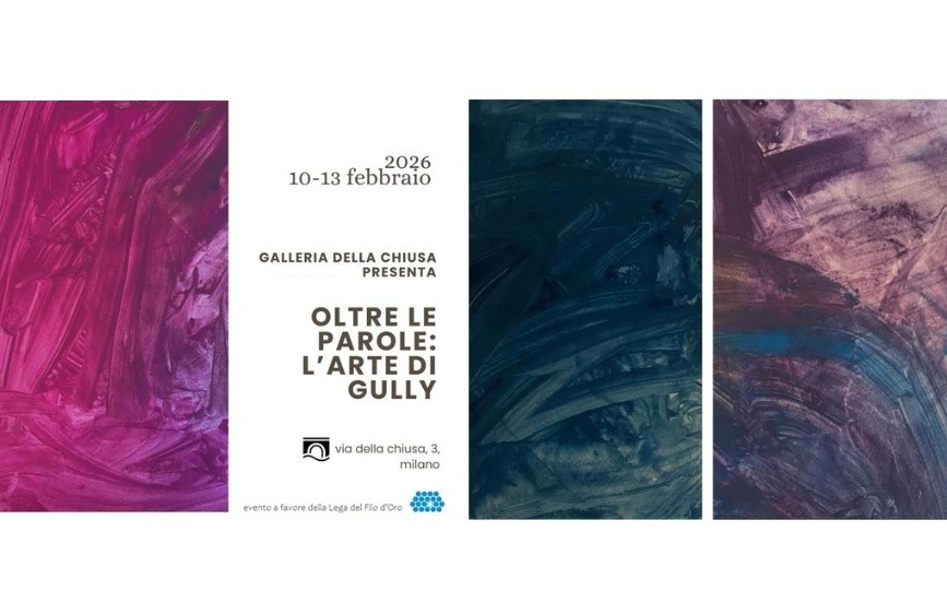 LOCANDINA EVENTO CON DETTAGLI: GALLERIA DELLA CHIUSA PRESENTA OLTRE LE PAROLE: L'ARTE DI GULLY. SI POSSONO AMMIRARE ANCHE 3 DIPINTI ASTRATTI CON FORTI PENNELLATE DI COLORE.