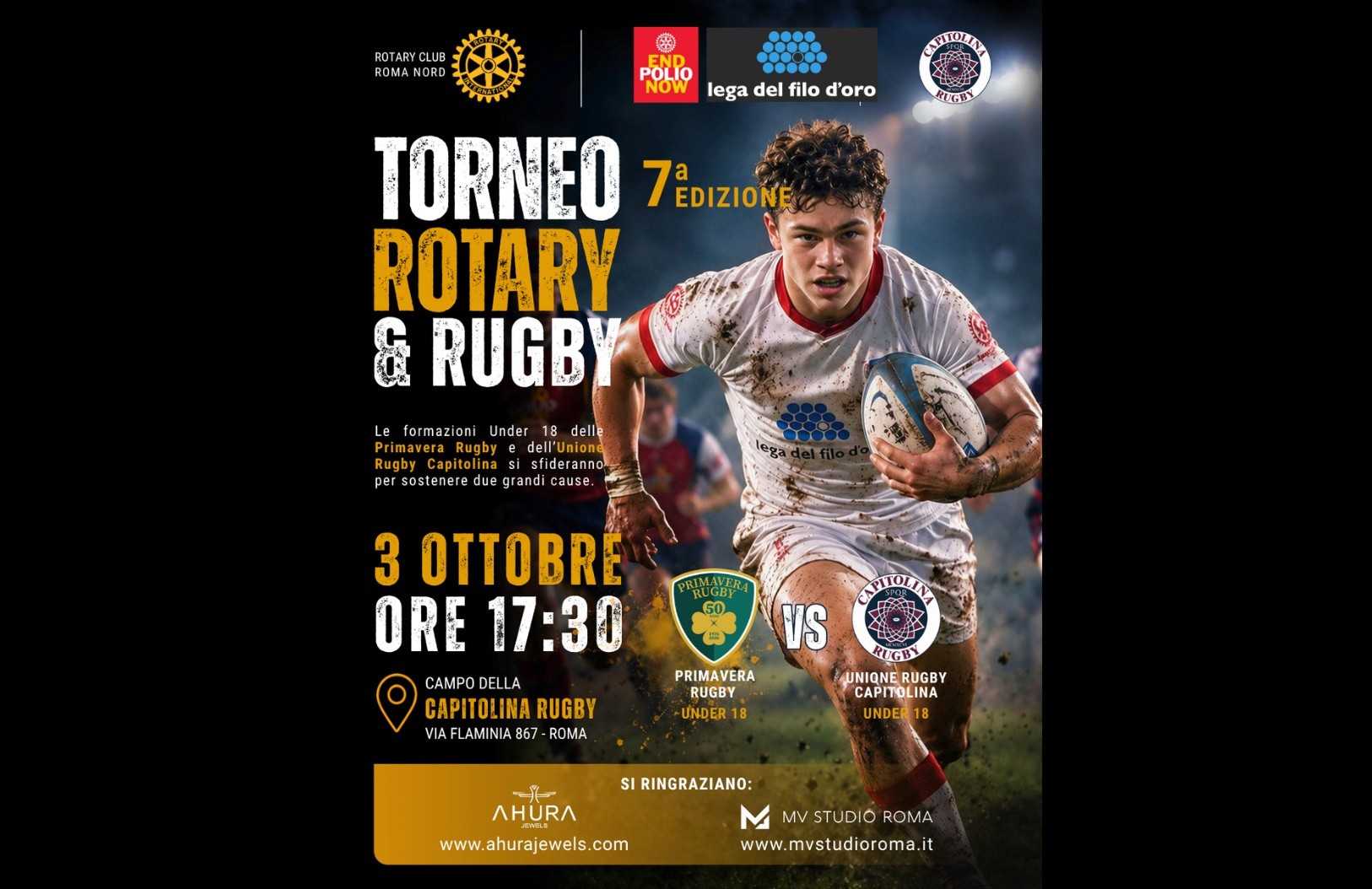 Locandina del 7° Torneo Rotary di Rugby: al centro dell’immagine, un giovane giocatore di rugby con la divisa bianca della Lega del Filo d’Oro corre in campo stringendo una palla ovale, mentre sullo sfondo si intravedono altri giocatori e le luci dello stadio