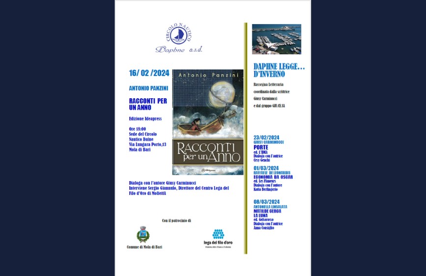 Locandina dell’evento letterario 'Daphne legge… d’inverno' a Mola di Bari. In evidenza il libro 'Racconti per un anno' di Antonio Panzini. Incontri dal 16 febbraio all’8 marzo 2024, con patrocinio della Lega del Filo d’Oro.