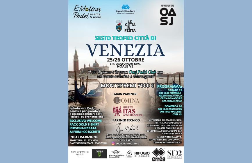 Locnadina trofeo Padel Venezia con immagine di sfondo laguna e gondole