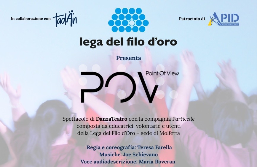 locandina spettacolo danza teatro, descrizione progetto, logo POV con dettagli Braille e loghi dei partner