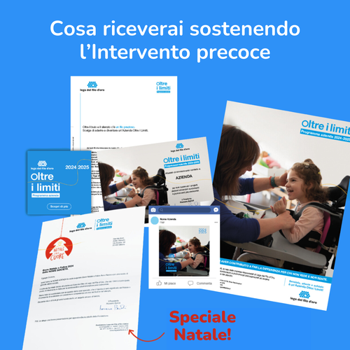 L'immagine mostra i materiali che riceve come riconoscimento l'azienda che sceglie di sostenere l'Intervento Precoce della Lega del Filo d'Oro - attestato, lettera per i dipendenti, post social... 4