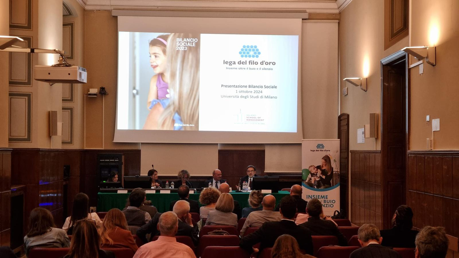 Foto della sala durante la presentazione del Bilancio 2023 presso l’Università degli Studi di Milano
