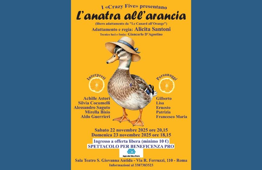 Locandina spettacolo teatrale con un'anatra con cappello di paglia