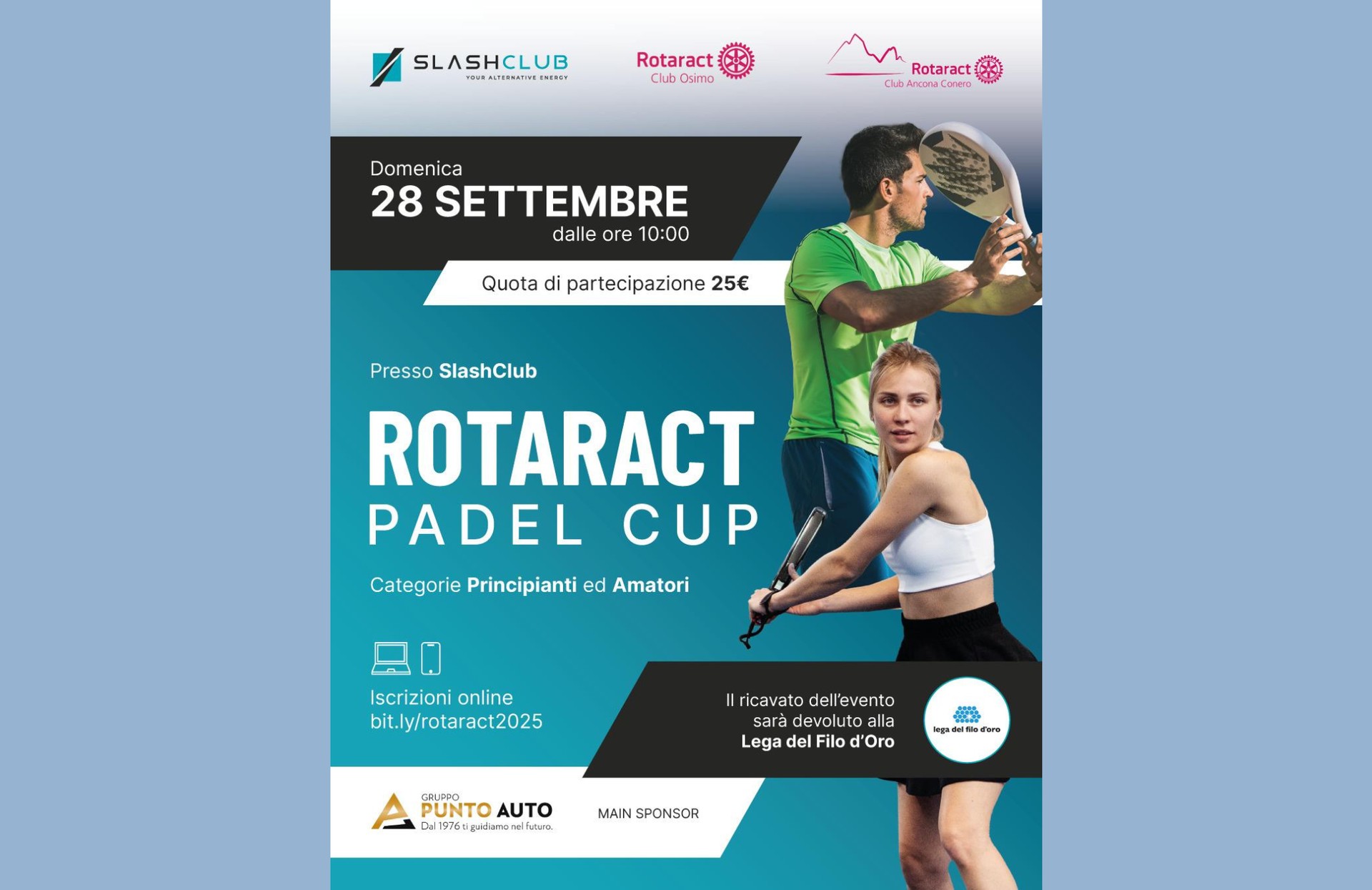 Locandina torneo di padel del 28/09/25 presso Slash Club di Castelfidardo a favore Lega del Filo d'Oro