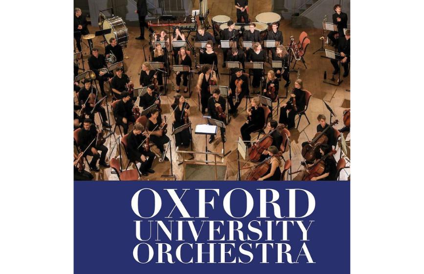Locandina evento "OXFORD UNIVERSITY ORCHESTRA", in primo piano l'orchestra intena a suonare
