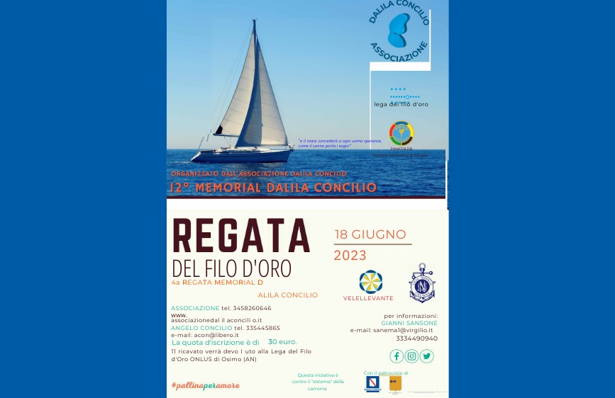 locandina della "Regata del Filo d'Oro - 12° Memorial Dalila Concilio", svoltasi il 18 giugno 2023. La parte superiore mostra una barca a vela in mare al tramonto e i loghi dell'Associazione Dalila Concilio e della Lega del Filo d'Oro, mentre la parte inferiore riporta i dettagli dell'iscrizione di 30 euro, specificando che il ricavato è devoluto alla Lega del Filo d'Oro Onlus di Osimo (AN), e i contatti per informazioni.