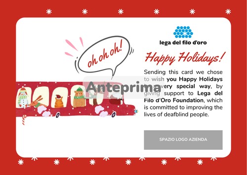 Anteprima della ecard "Bus di Natale". Sfondo rosso a fiocchi di neve bianchi, testo augurale in inglese 16