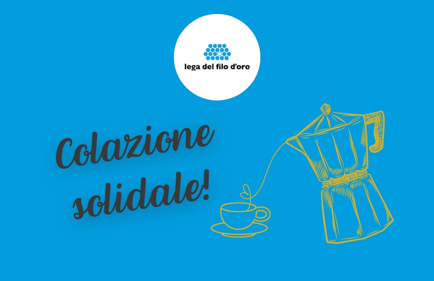 Illustrazione per una colazione solidale, una moka di caffe su sfondo azzurro con le scritte colazione solidale in primo piano 