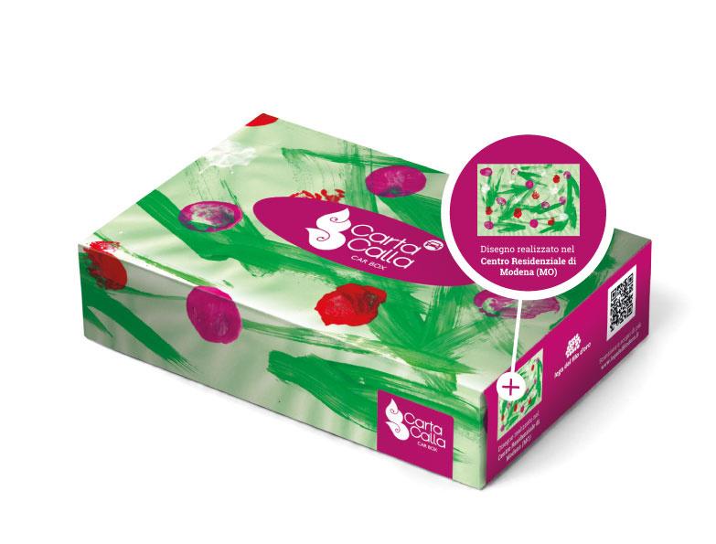 Packaging scatola fazzoletti con la grafica realizzata con i disegni dei ragazzi della Lega del Filo d'Oro per Tigotà