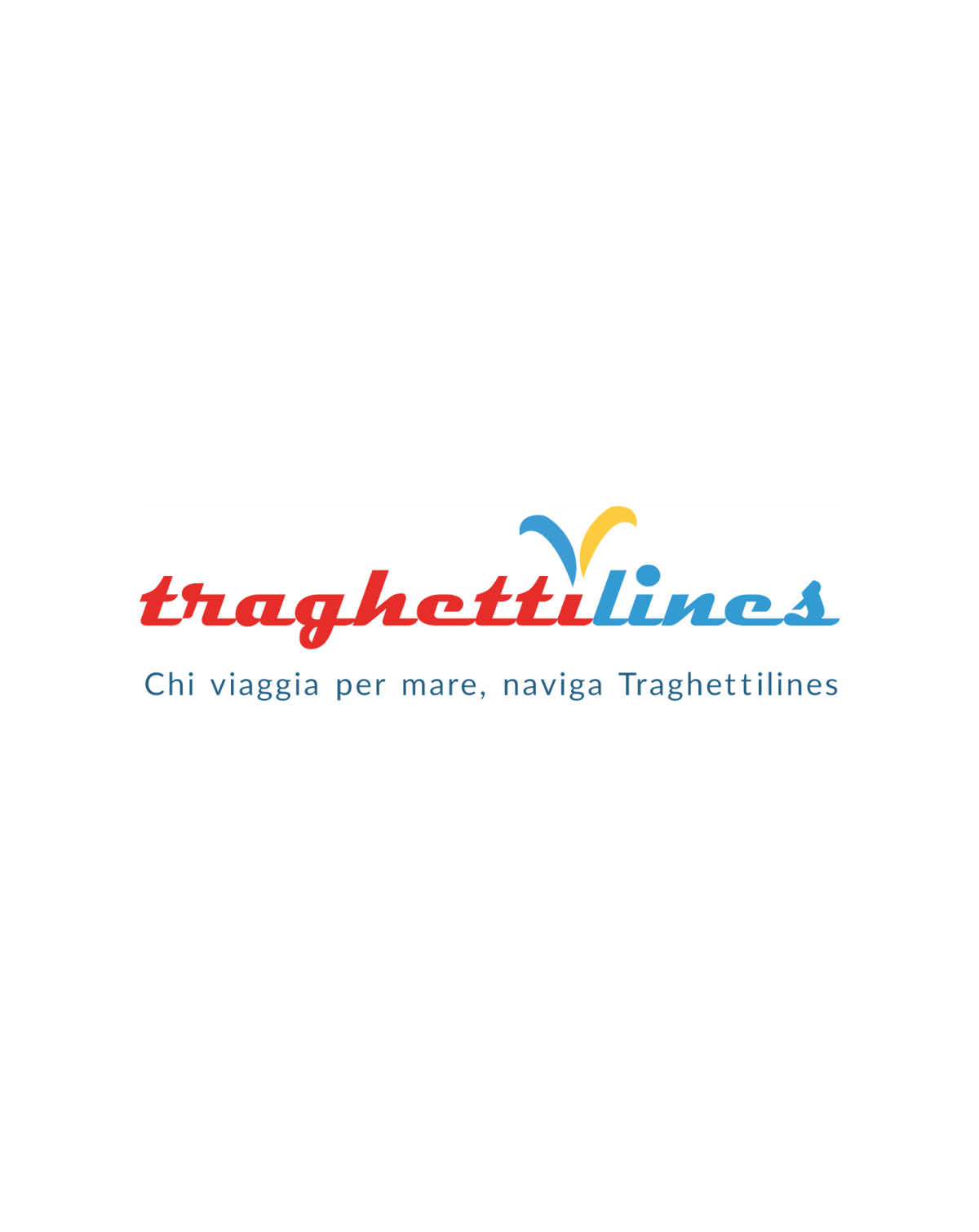 Logo traghettilines - Chi viaggia per mare, naviga Traghettilines (scritta rossa, giallo e ciano su sfondo nero)