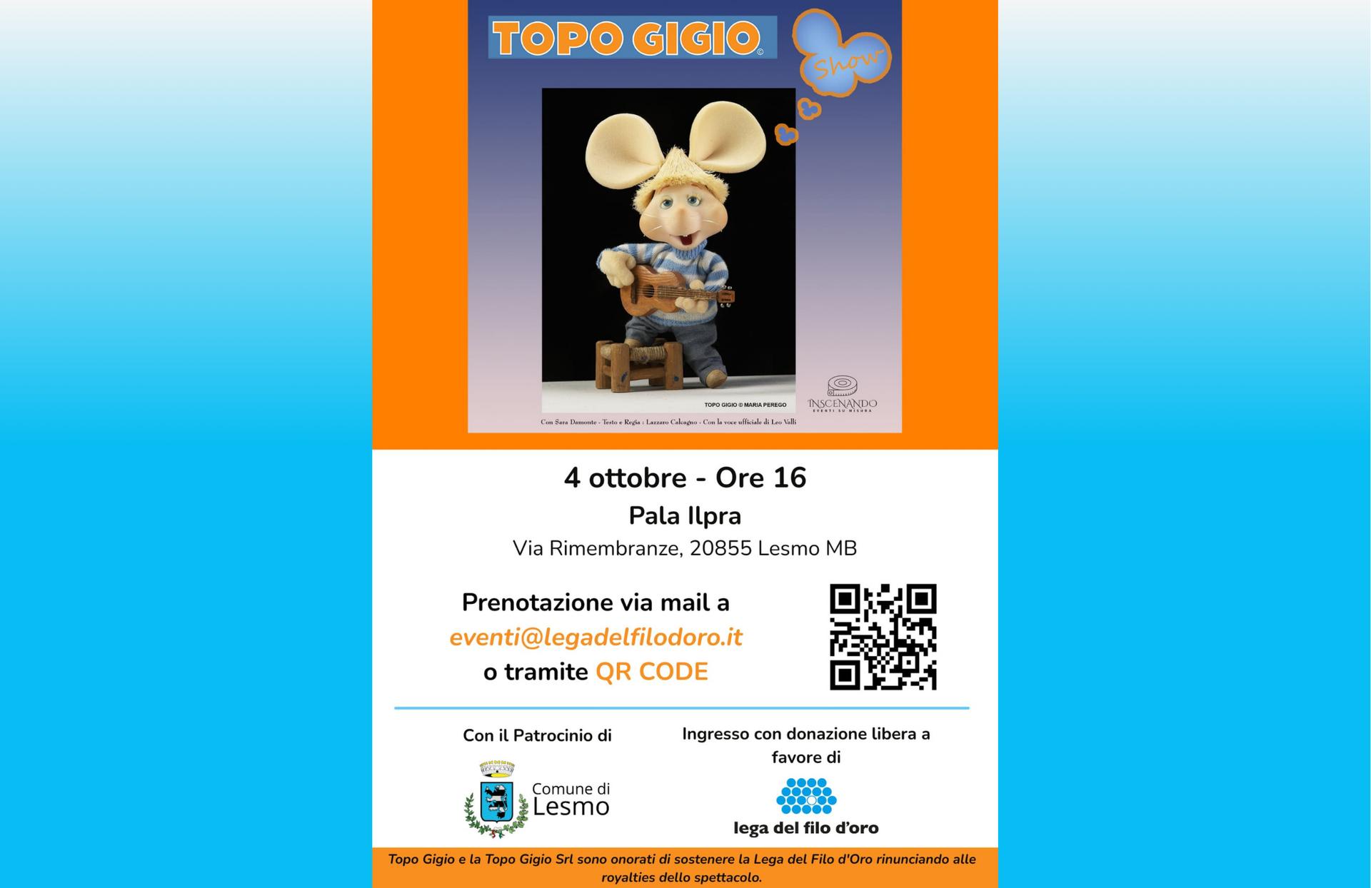 Locandina Spettacolo Topo Gigio Show con immagine del famoso pupazzo che suona la chitarra