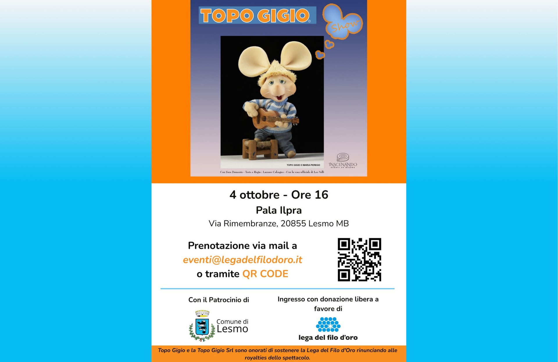 Locandina Spettacolo Topo Gigio Show con immagine del famoso pupazzo che suona la chitarra