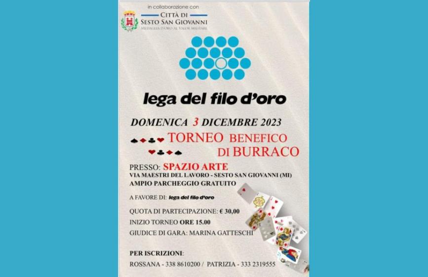 Locandina del Torneo Benefico di Burraco del 3 dicembre 2023 a Sesto San Giovanni, organizzato per la Lega del Filo d’Oro. Sullo sfondo, carte da gioco