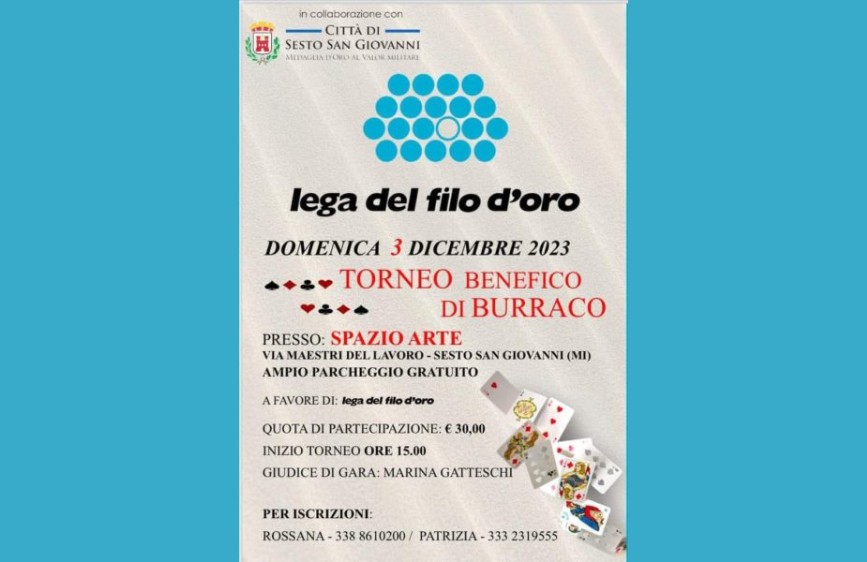 Locandina del Torneo Benefico di Burraco del 3 dicembre 2023 a Sesto San Giovanni, organizzato per la Lega del Filo d’Oro. Sullo sfondo, carte da gioco