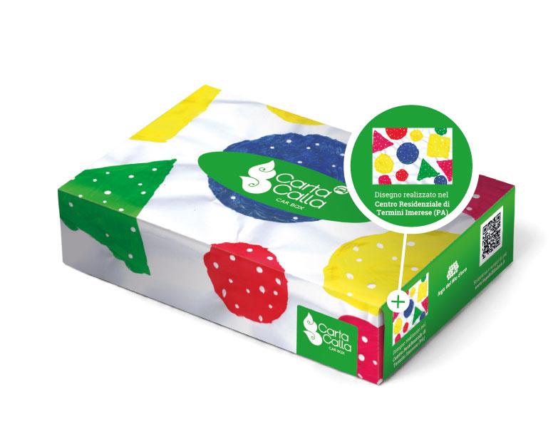 Packaging scatola fazzoletti con la grafica realizzata con i disegni dei ragazzi della Lega del Filo d'Oro per Tigotà