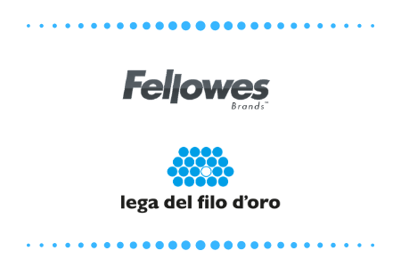 Logo di Fellowes che riporta il nome stesso scritto in nero, seguito da logo Lega del Filo d'Oro.