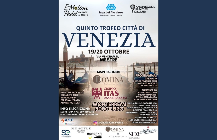 Locandina del “Quinto Trofeo Città di Venezia” di padel, in programma il 19 e 20 ottobre 2024 a Mestre; sfondo con gondole e logo della Lega del Filo d’Oro, montepremi 5000 euro. 